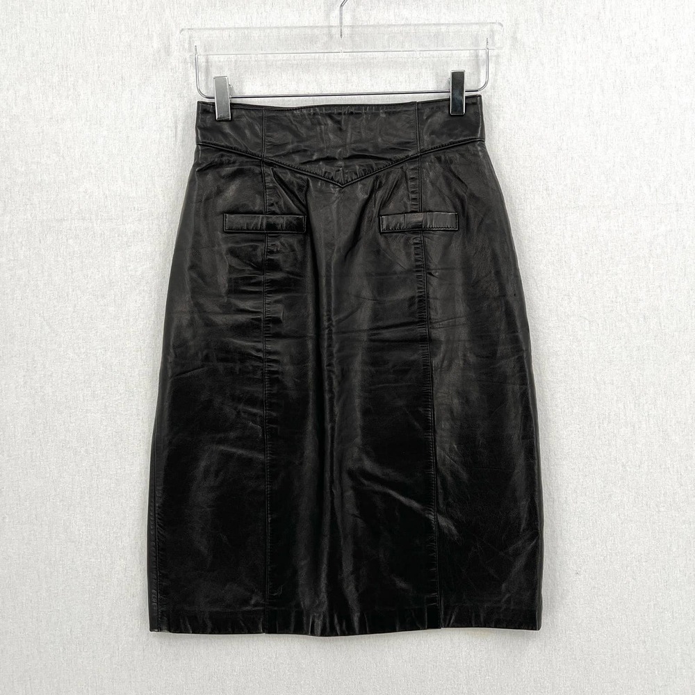 TOFFE Vintage Leather Skirt Womens 6 Small Black High Rise Pencil Knee Length